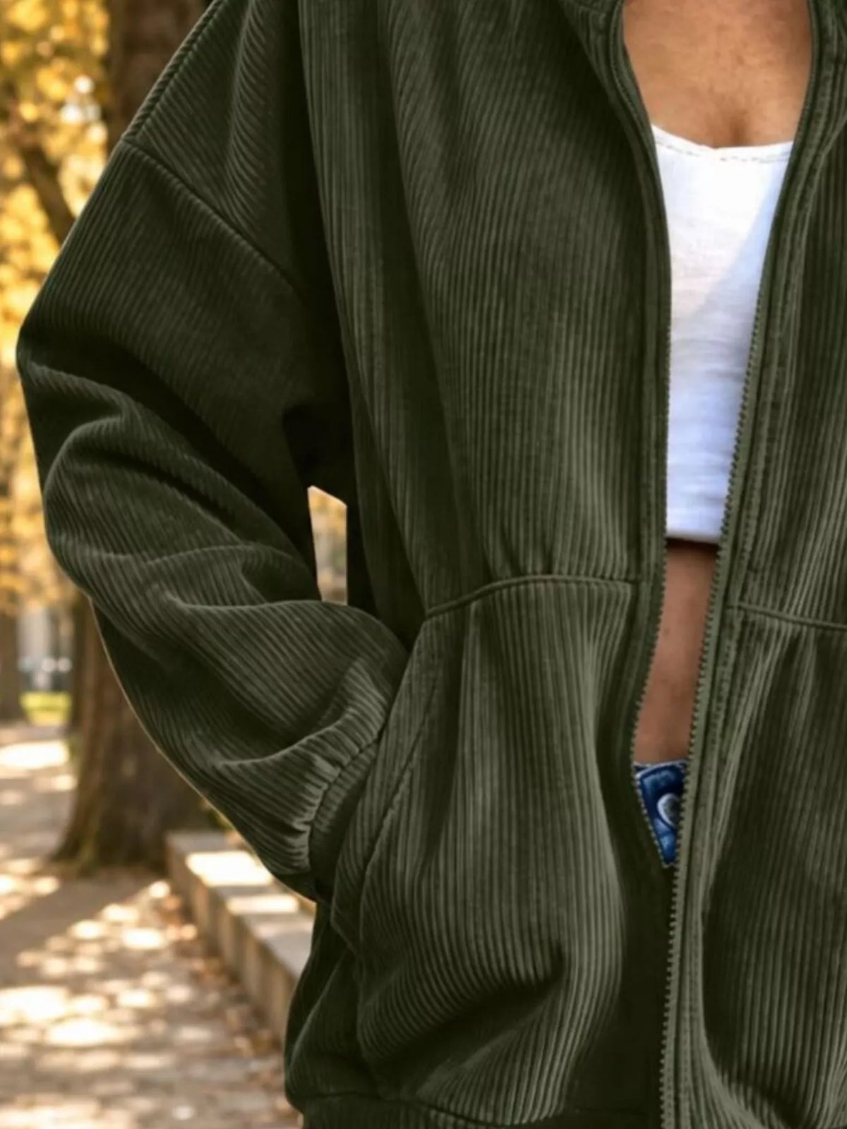 Corduroy Zip-Up Stand Collar Sweatshirt, pocket detail