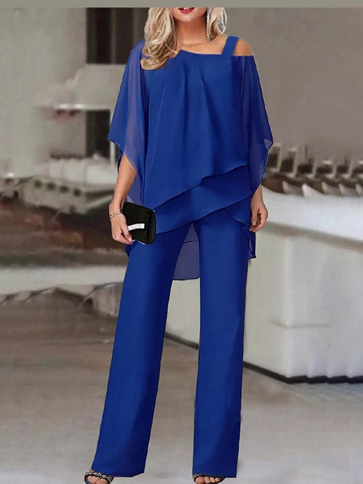 Cold-Shoulder Layered Top and Wide-Leg Pants Set — front view