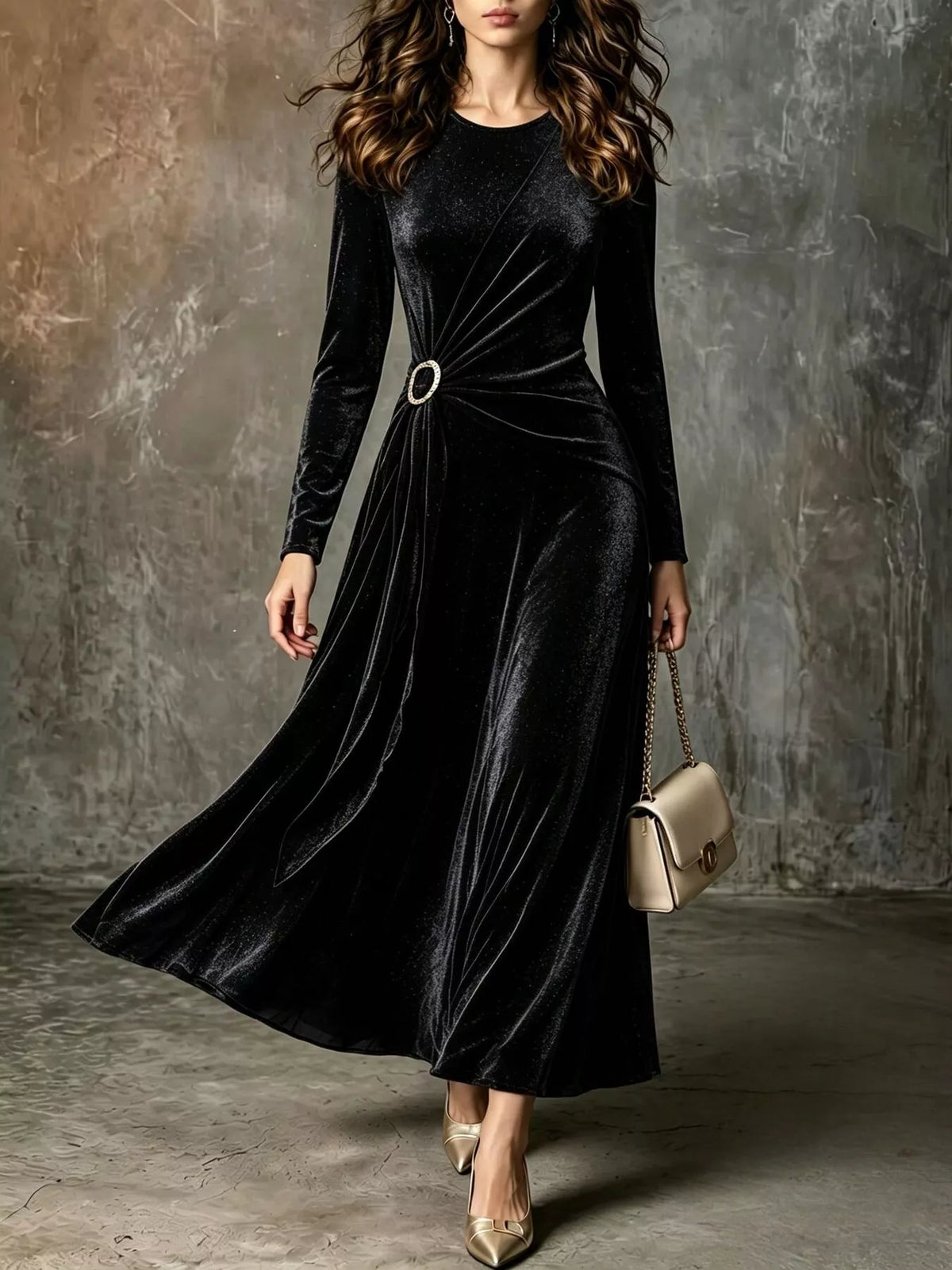 Black velvet ring-detail maxi dress, full front view