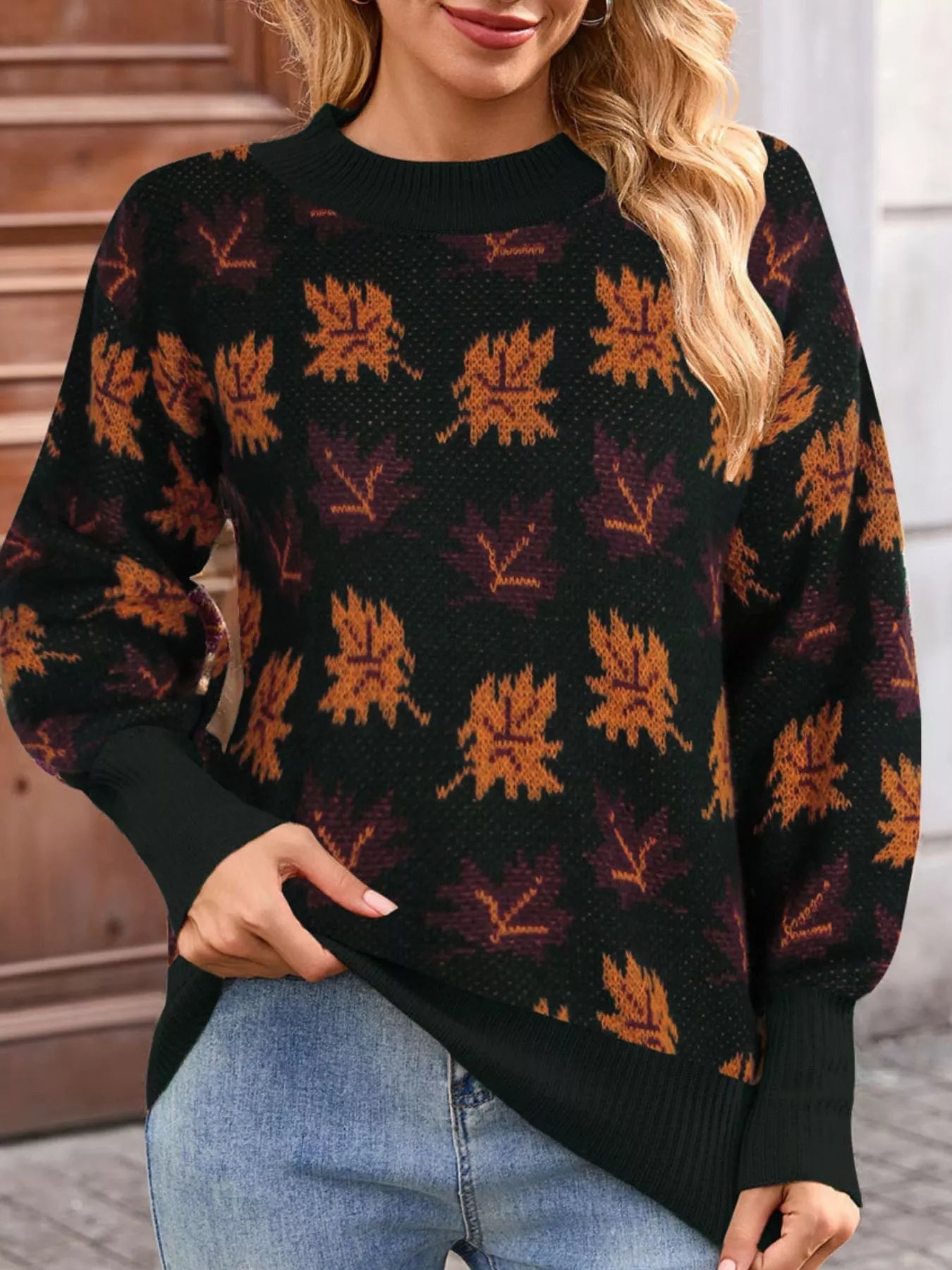 Trendsi Autumn Leaf Pattern Mock Neck Sweater -