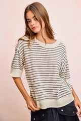 Trendsi BiBi Stripes Short Sleeves Rib Banded Outseam Knit Top -