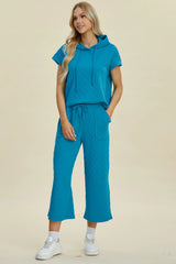 Trendsi Double Take Full Size Texture Drawstring Short Sleeve Hoodie and Pocketed Pants Set -