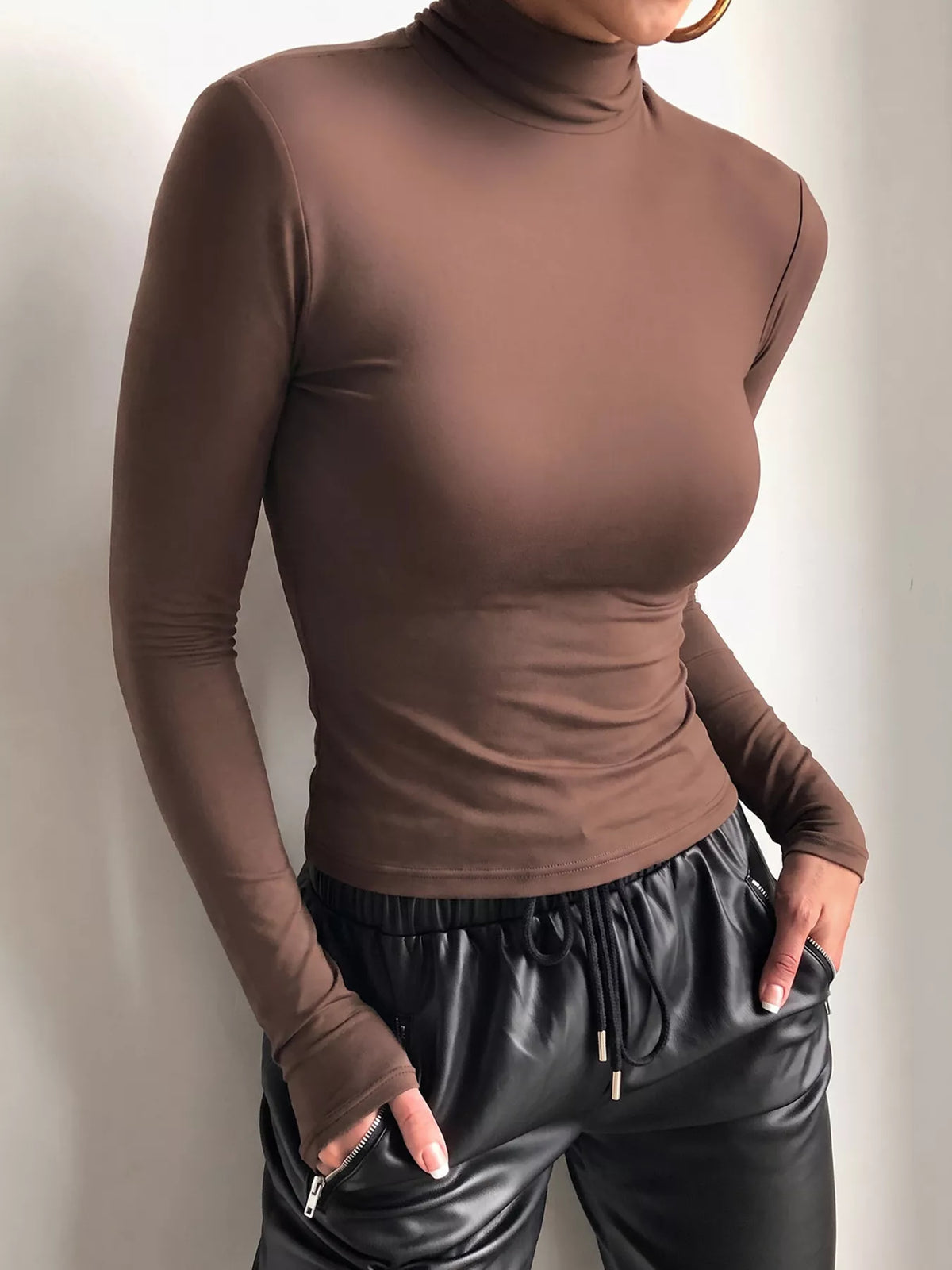 Mock Neck Long Sleeve Slim Fit T-Shirt in brown, front view