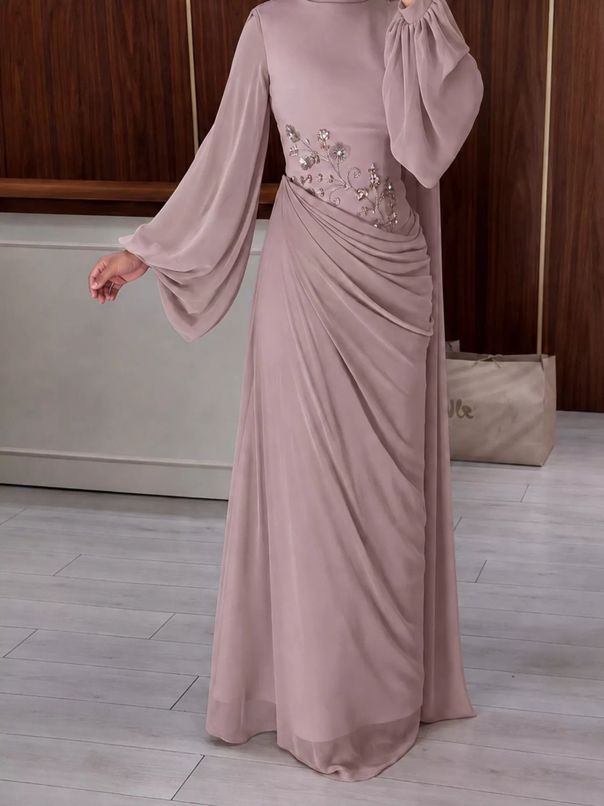 Pink floral detail long sleeve maxi dress, front view