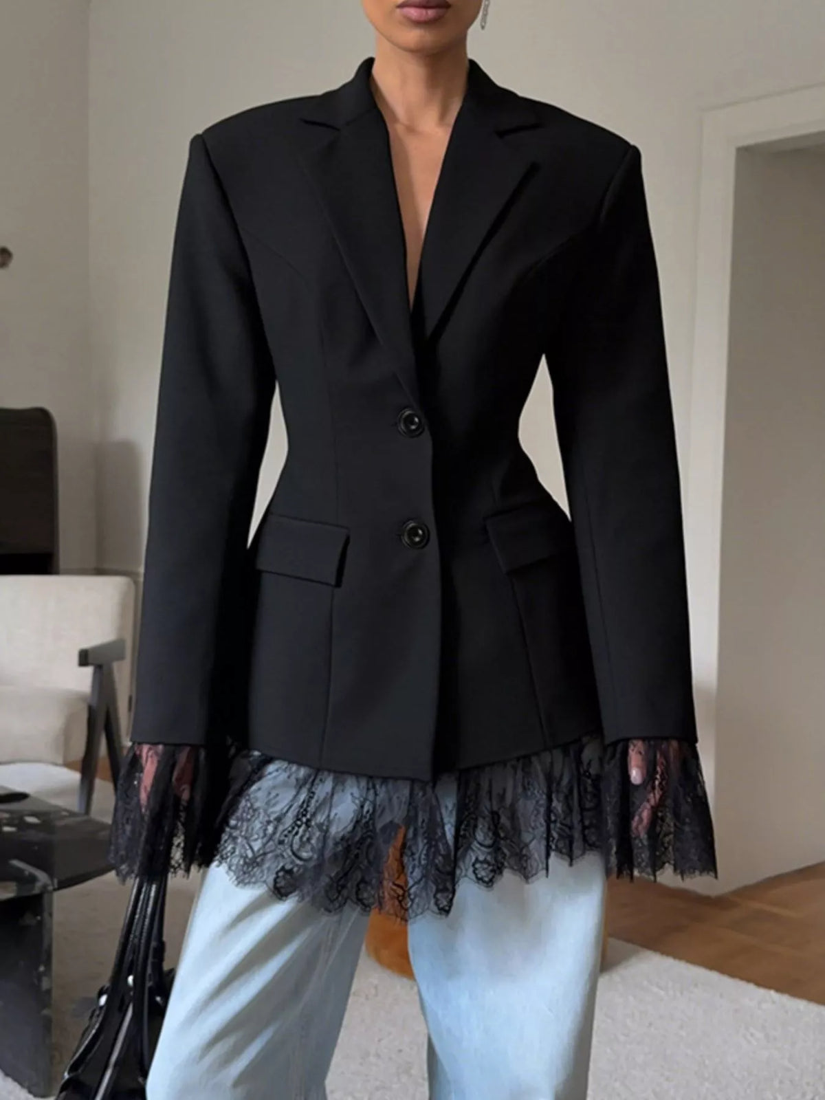 Trendsi Lace Hem Button Down Blazer -
