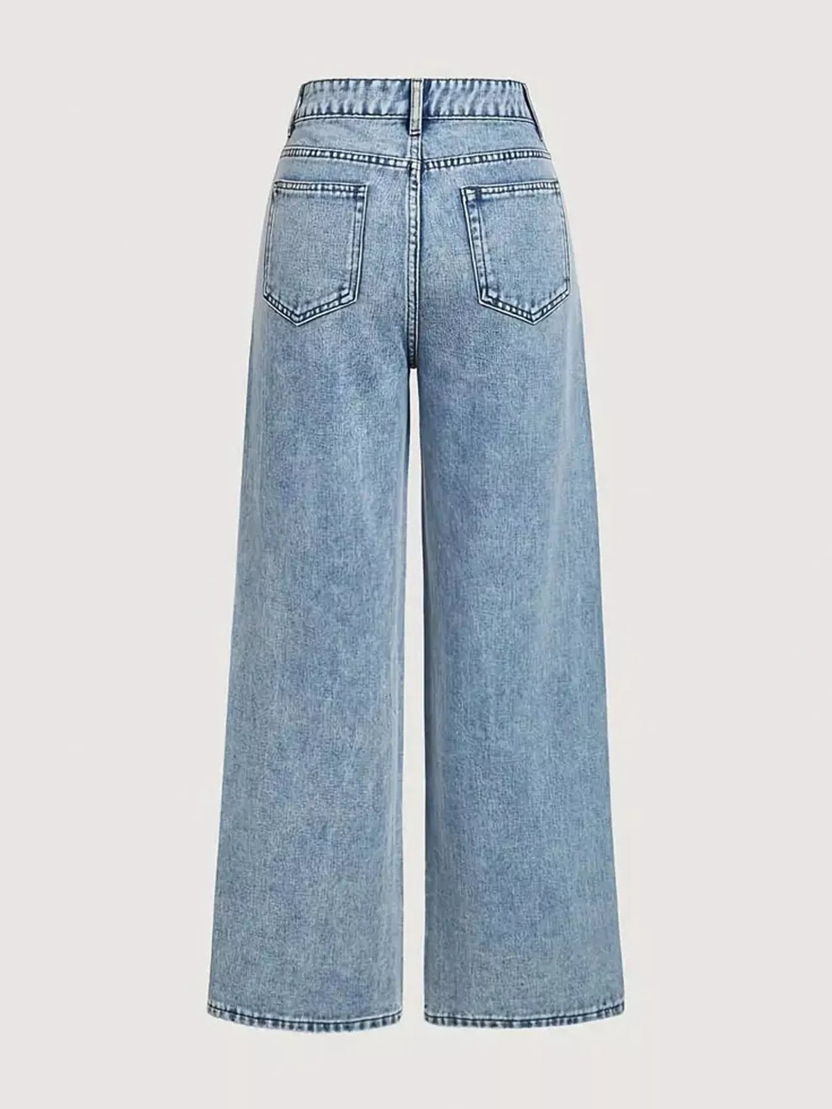 Light blue high-waisted rhinestone wide-leg jeans — back view