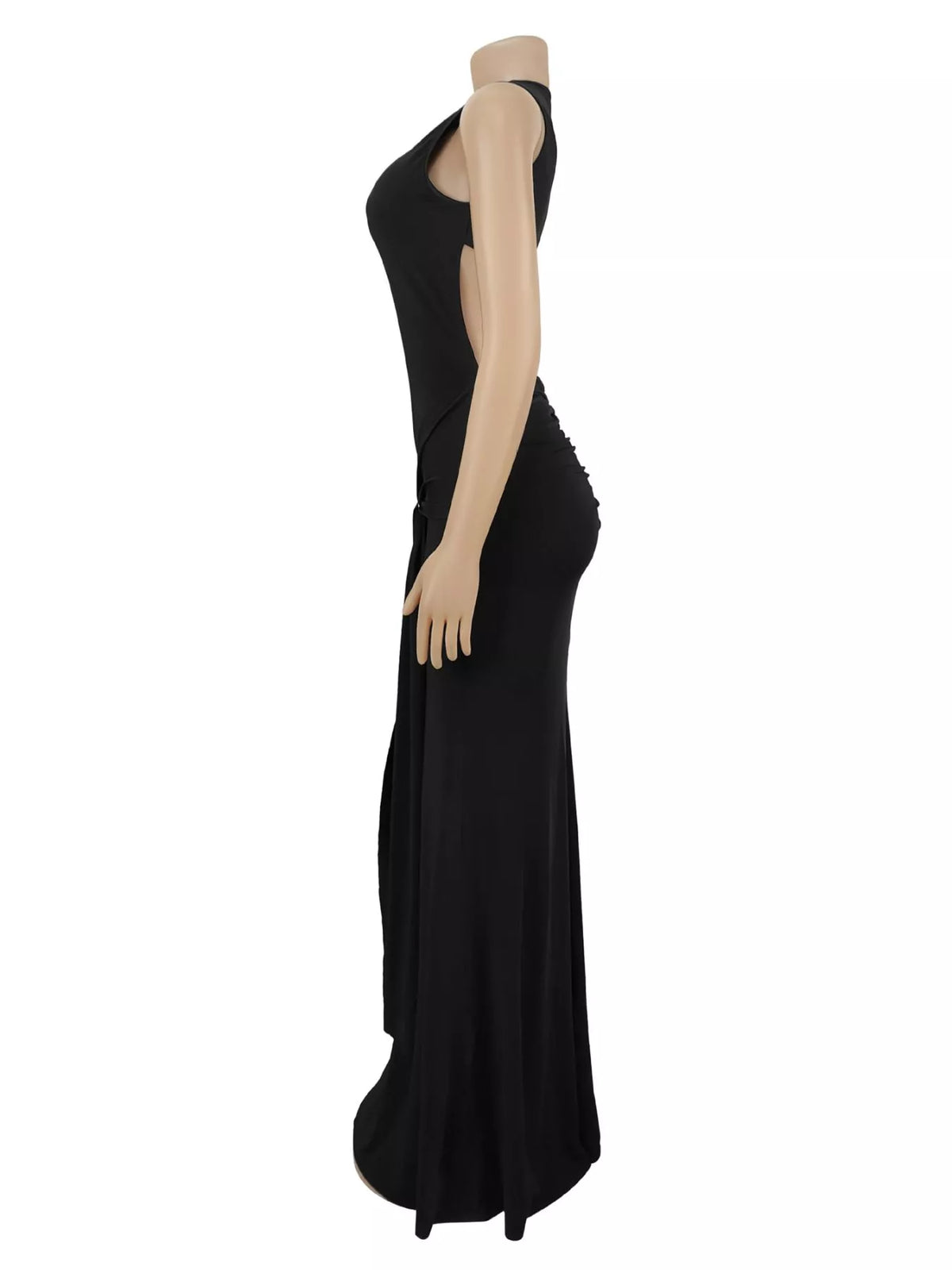 Black sleeveless buckle-detail bodycon maxi dress, side on mannequin.