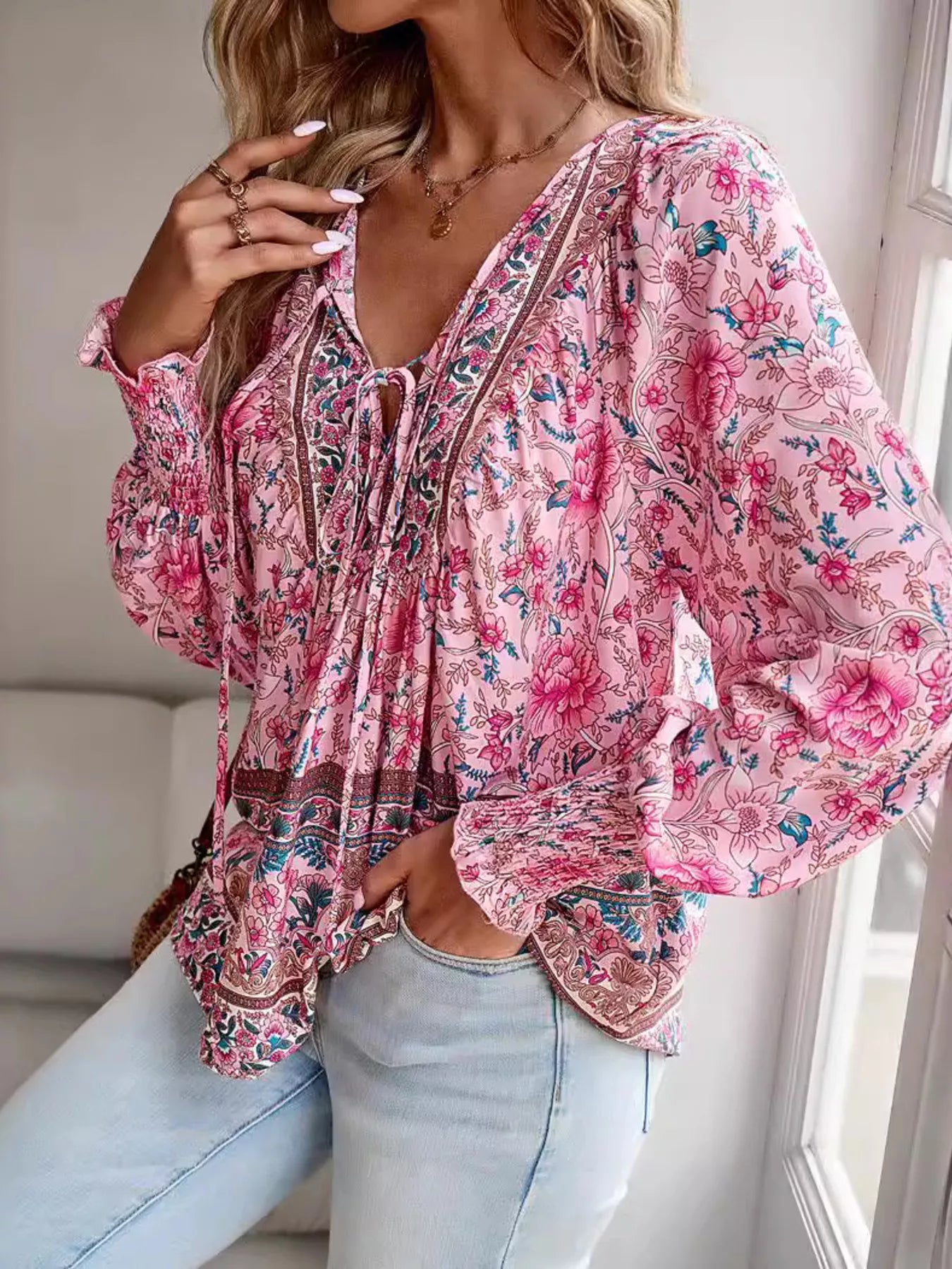 Trendsi Floral Print Tie-Neck Blouse with Smocked Cuffs -