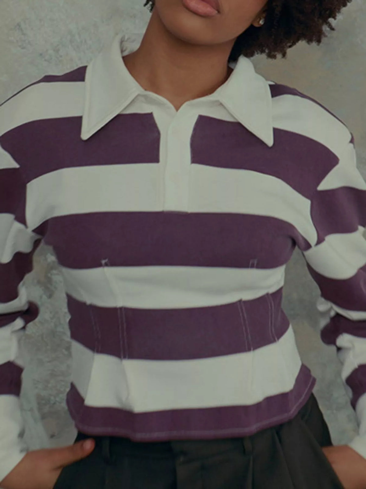 Collared long sleeve top, front view on model