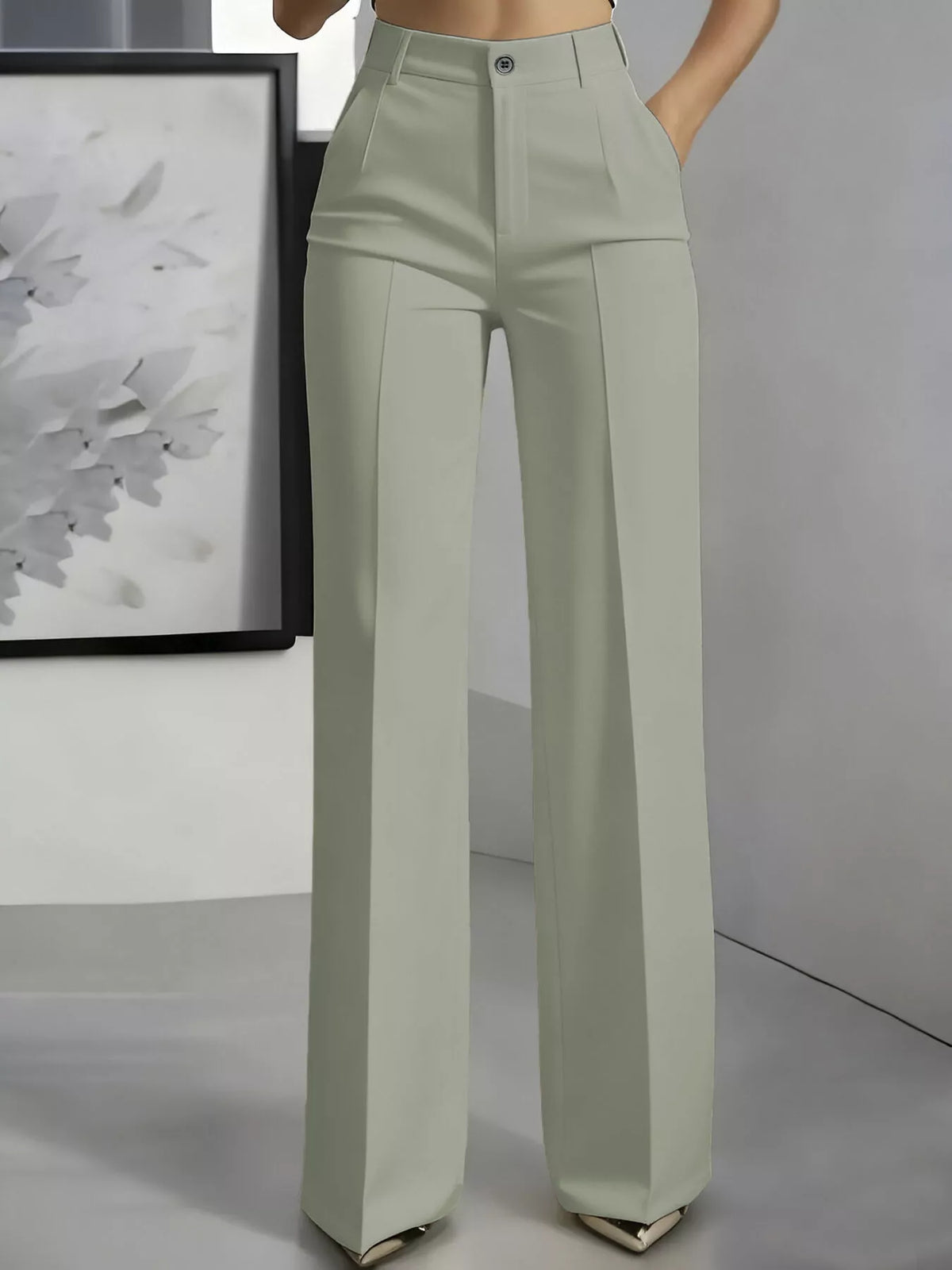 Light gray high-waisted wide-leg pants, front view
