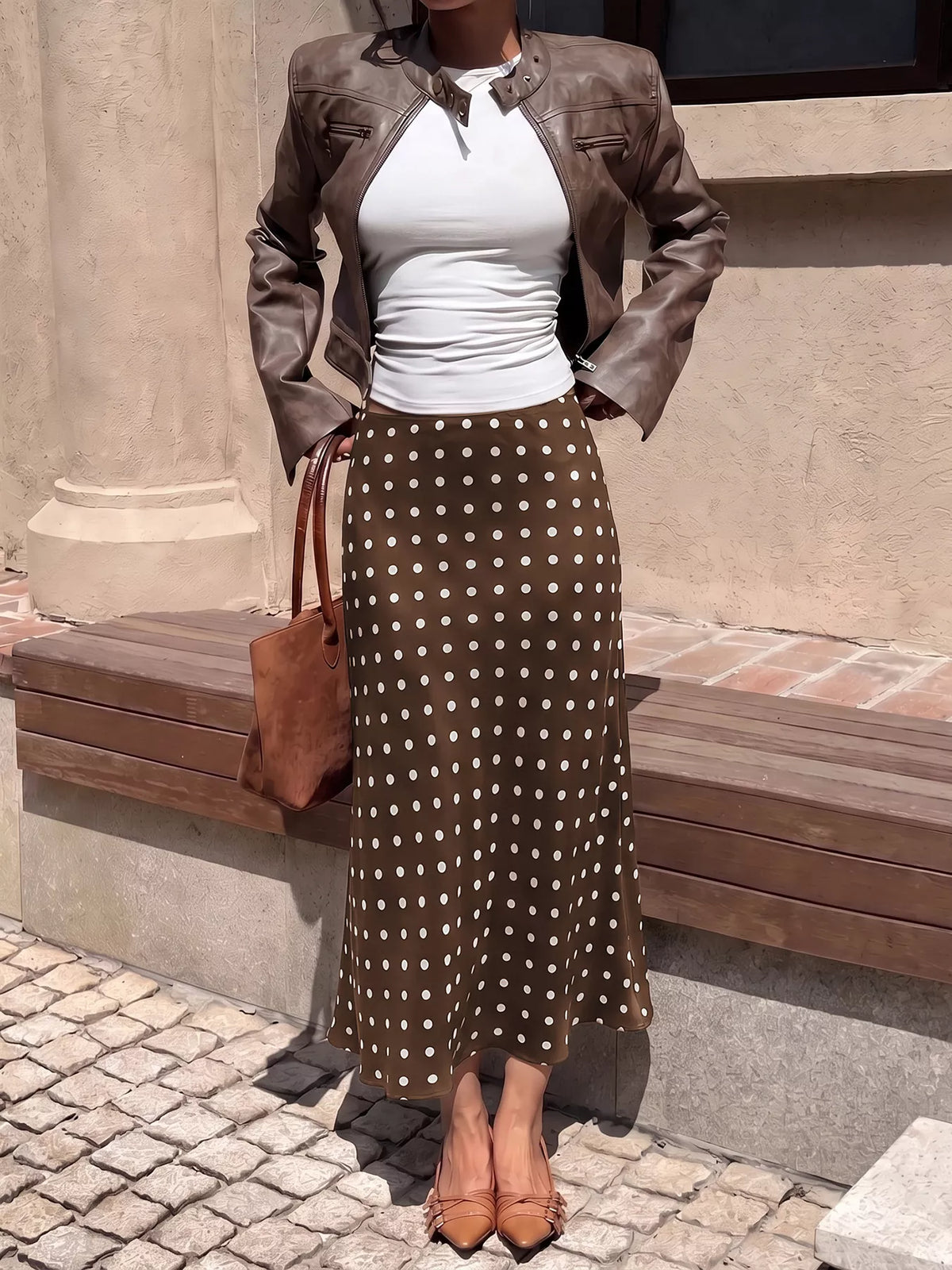 Brown and white polka dot midi skirt