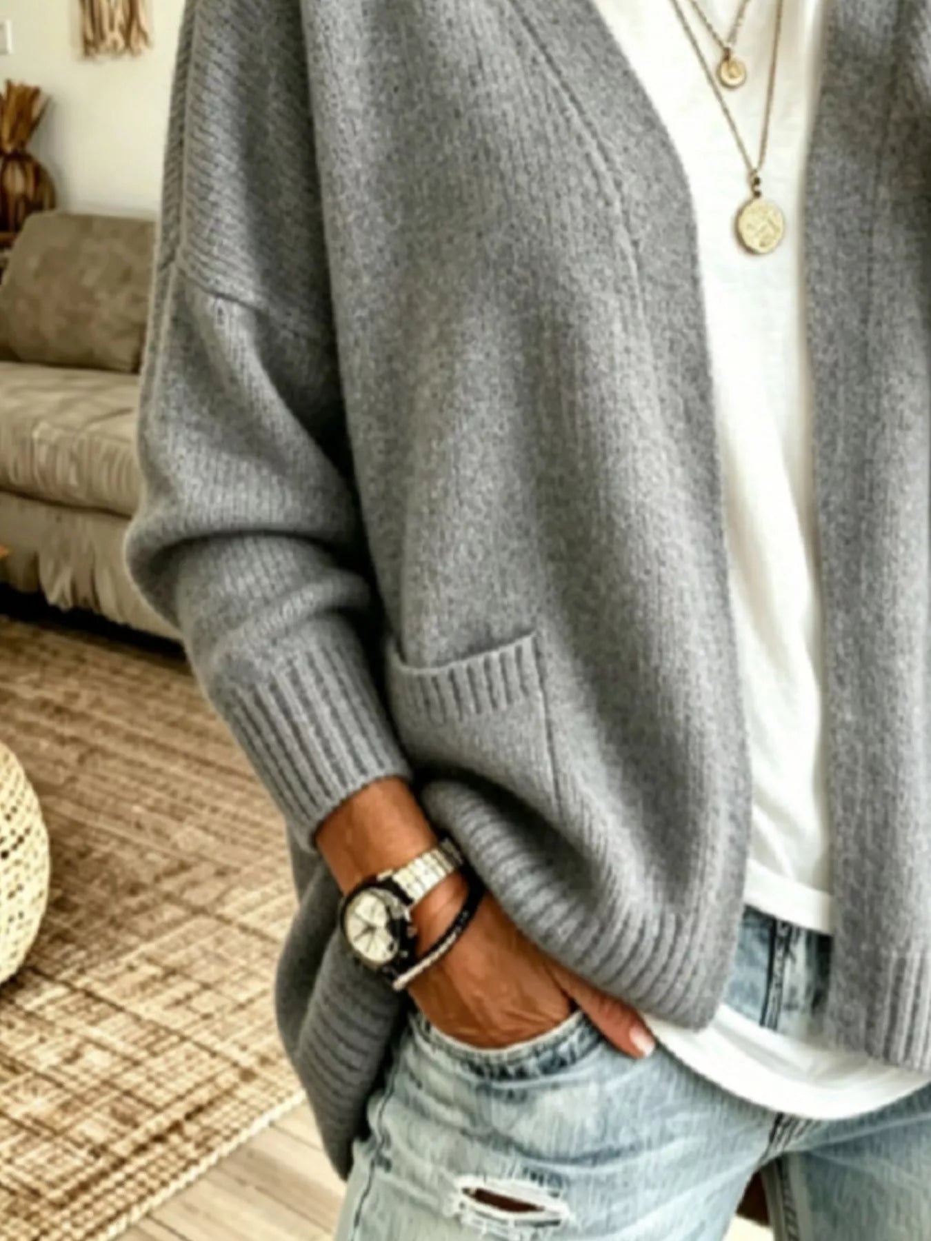 Trendsi Open Front Knit Cardigan with Pockets -