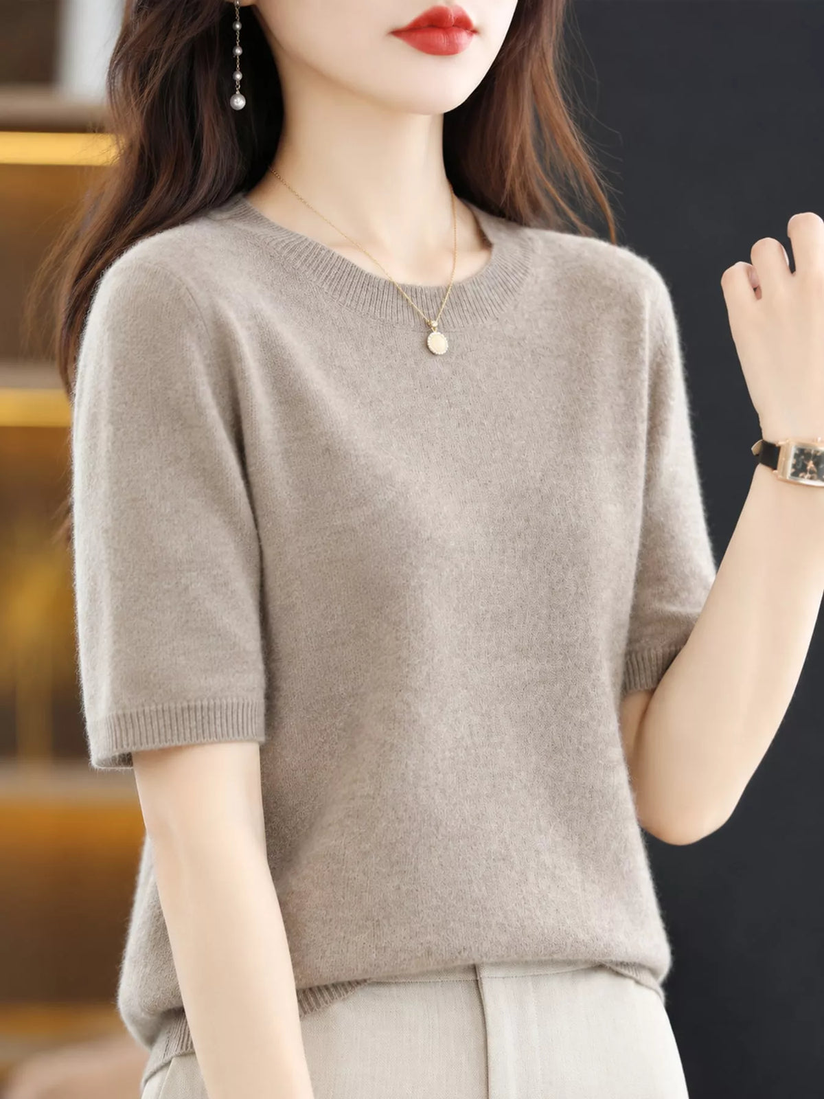 Natural Camel round neck short-sleeve sweater