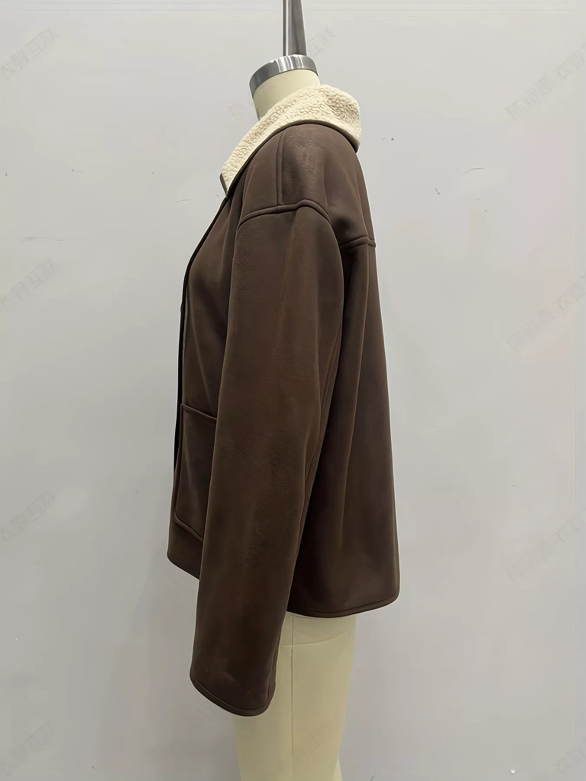 Coffee Brown Sherpa-Lined Button-Down Jacket with Pockets side view on mannequin