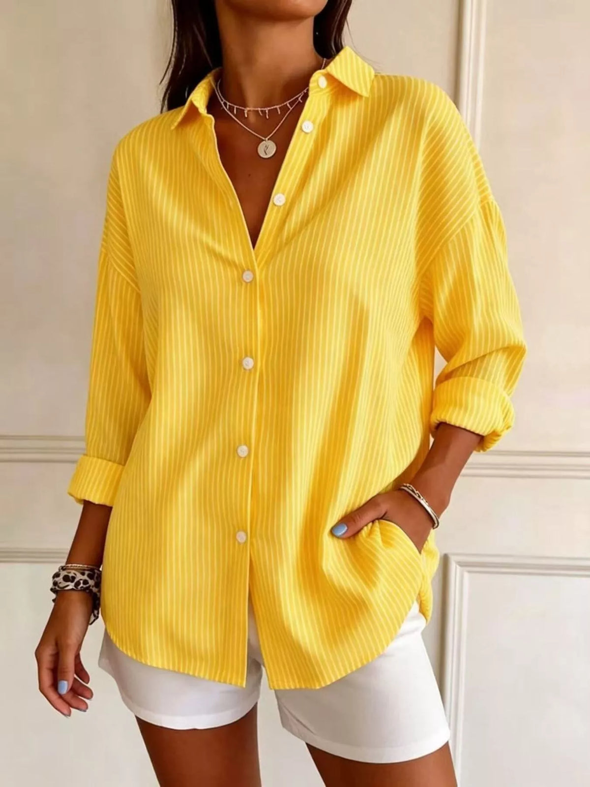 Yellow striped long sleeve shirt, button-front and rolled sleeves