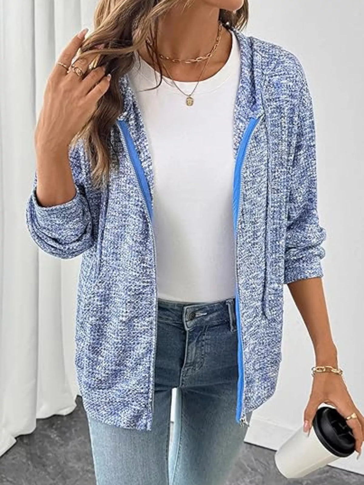 Blue zip-up drawstring hooded cardigan