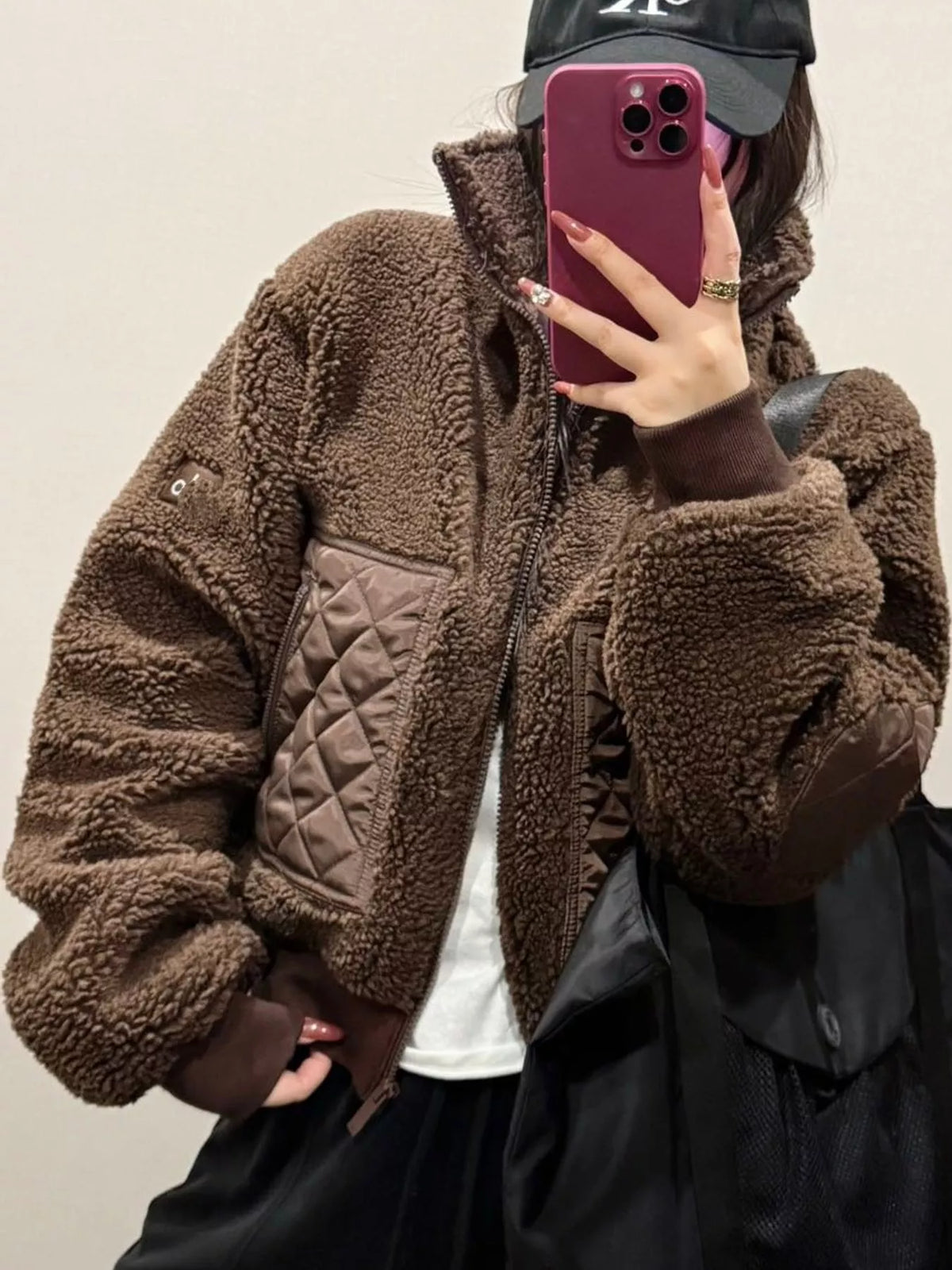 Coffee sherpa quilted zip up jacket