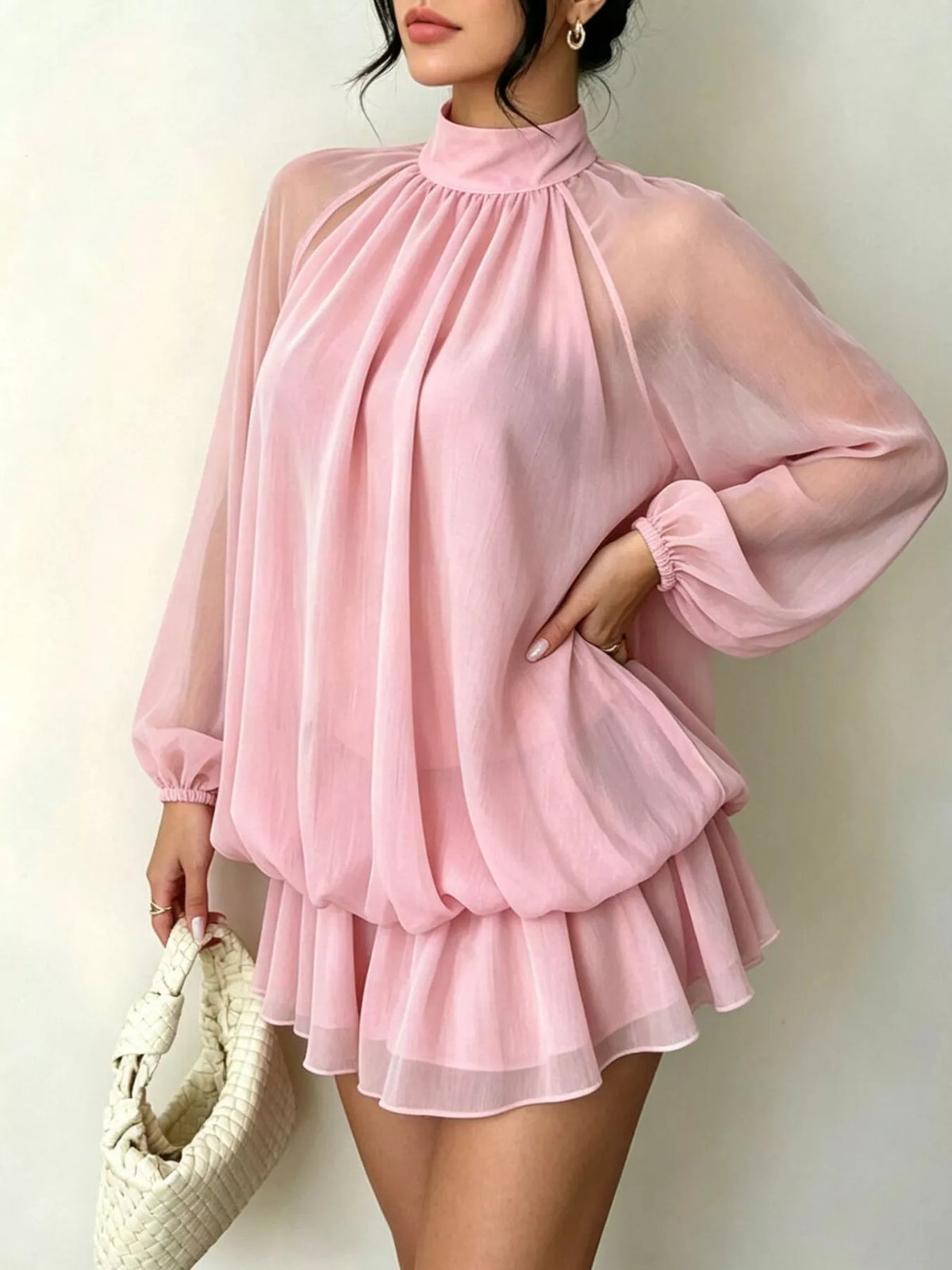 Pink mock neck sheer chiffon mini dress