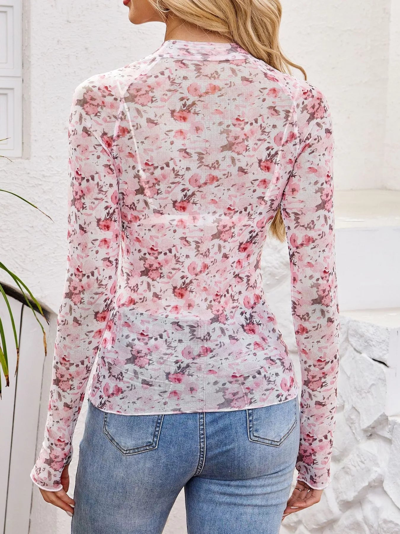 Trendsi Sheer Mock Neck Long Sleeve Top -