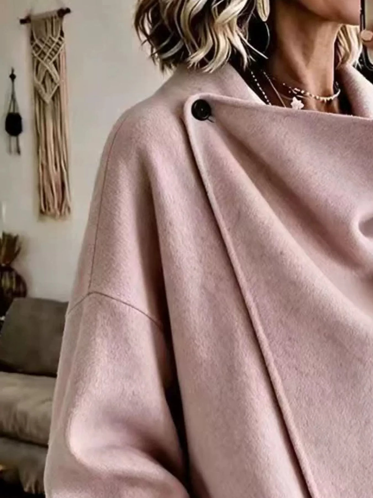 Women's Asymmetric Collar Button Detail Jacket in pink — neckline detail view