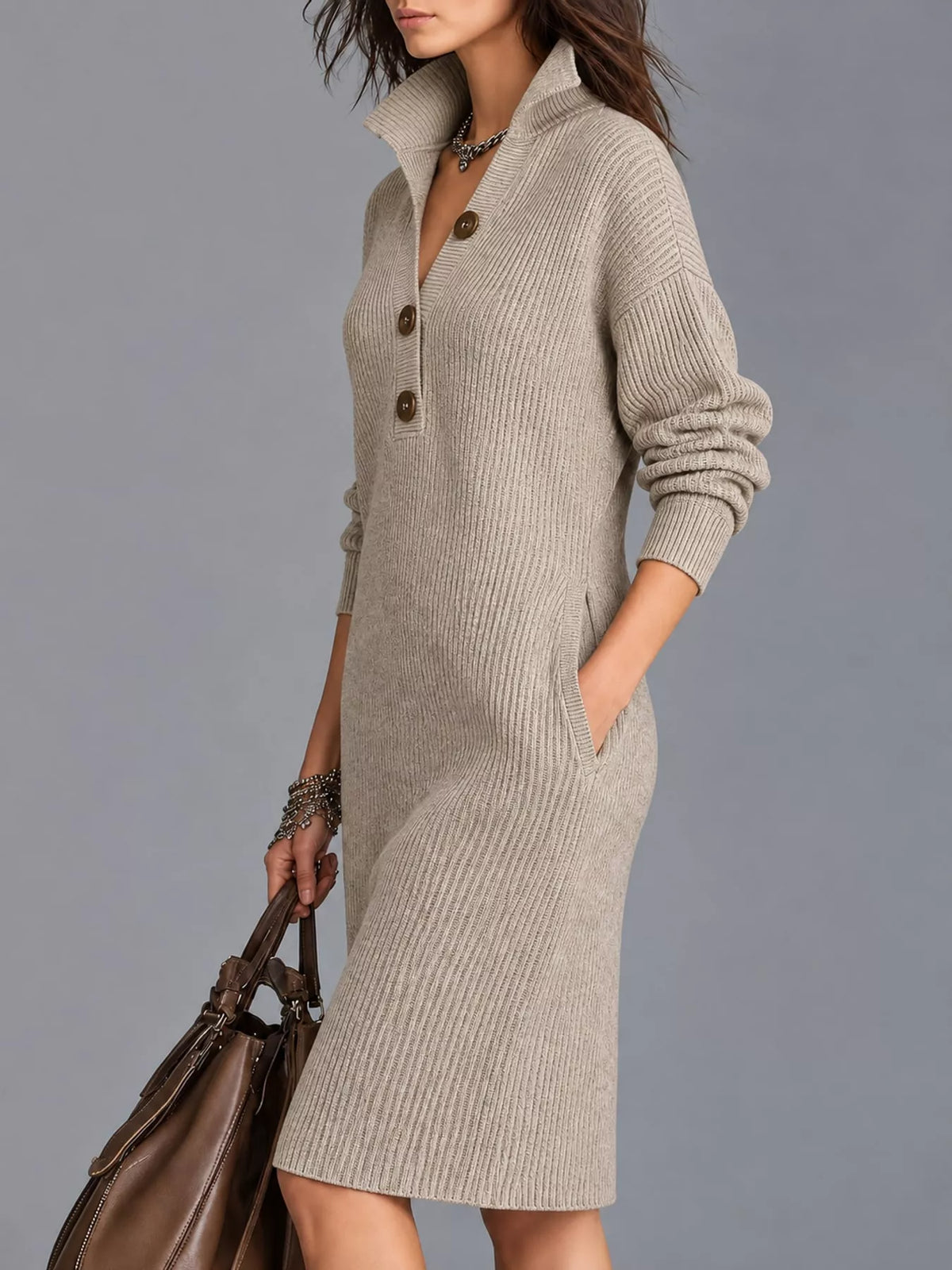 Collared long sleeve knee dress, side view