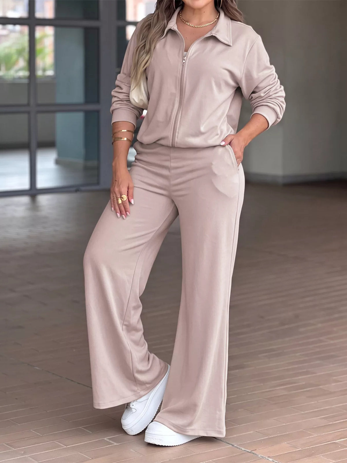 Zip-Up Jacket and Wide-Leg Pants Set, front view