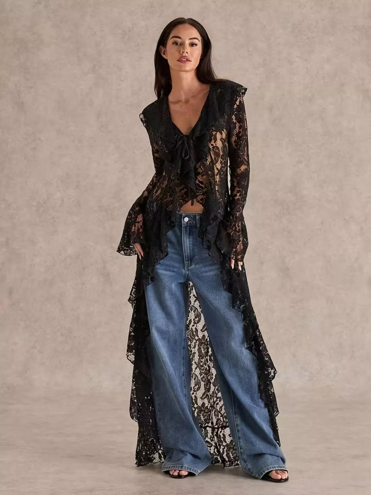 Lace ruffle-trim high-low blouse