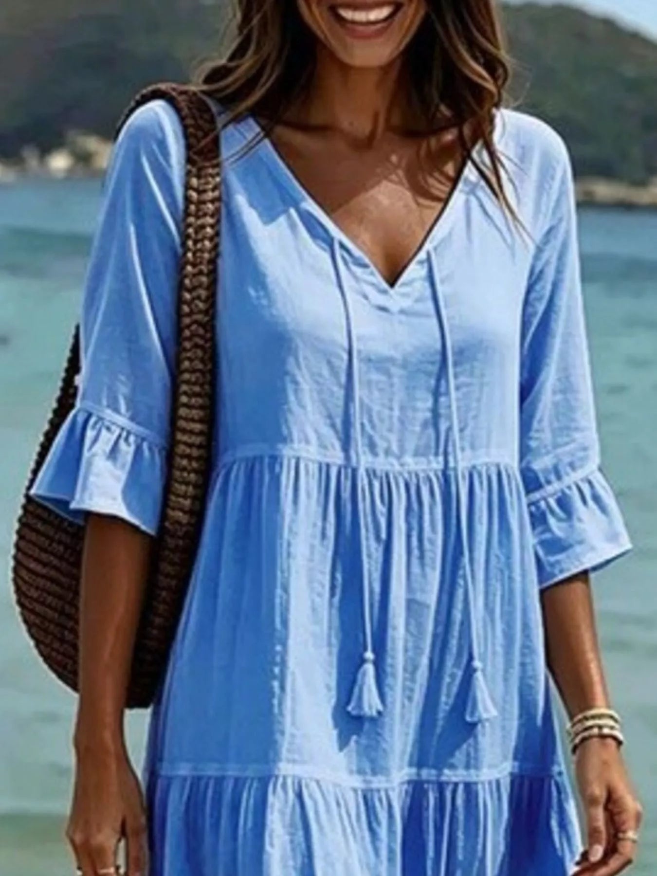 Trendsi Full Size Tiered Tie Neck Flounce Sleeve Dress Plus Size -