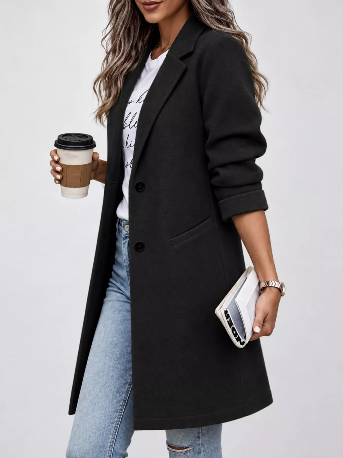 Black lapel collar button-up coat, side view