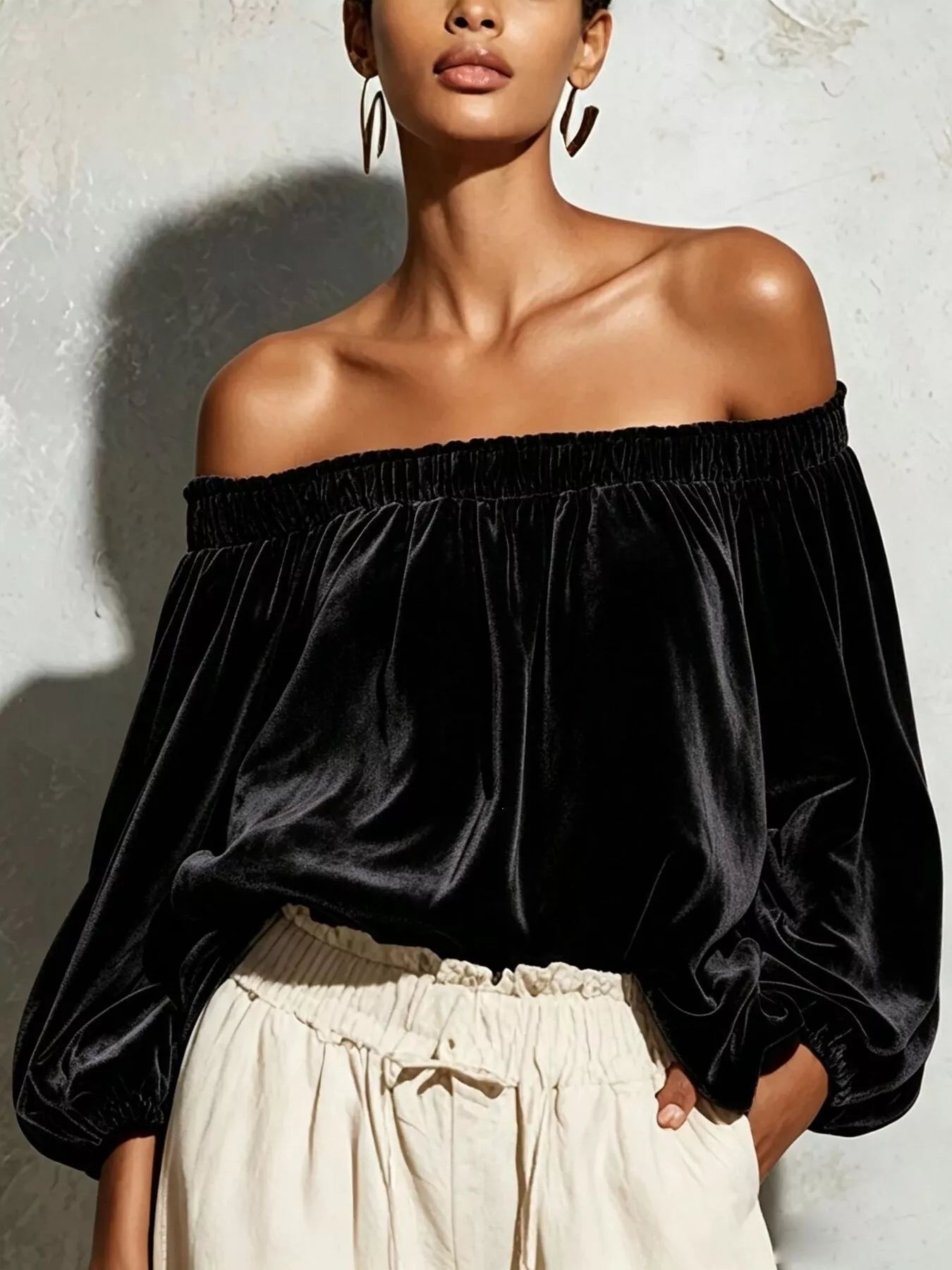 Trendsi Off-Shoulder Velvet Long Sleeve T-Shirt -