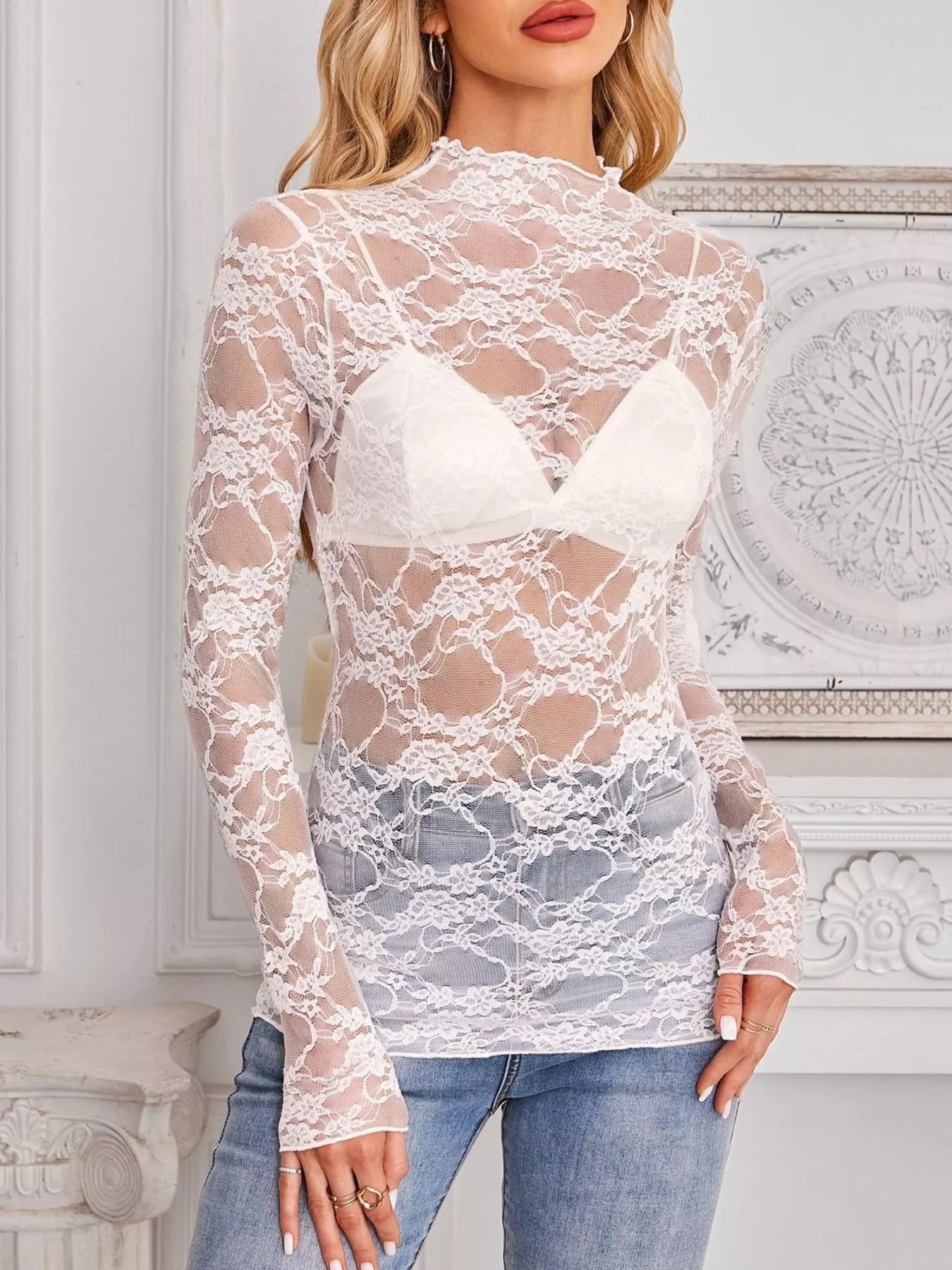 Trendsi Sheer Floral Lace Long Sleeve Top -