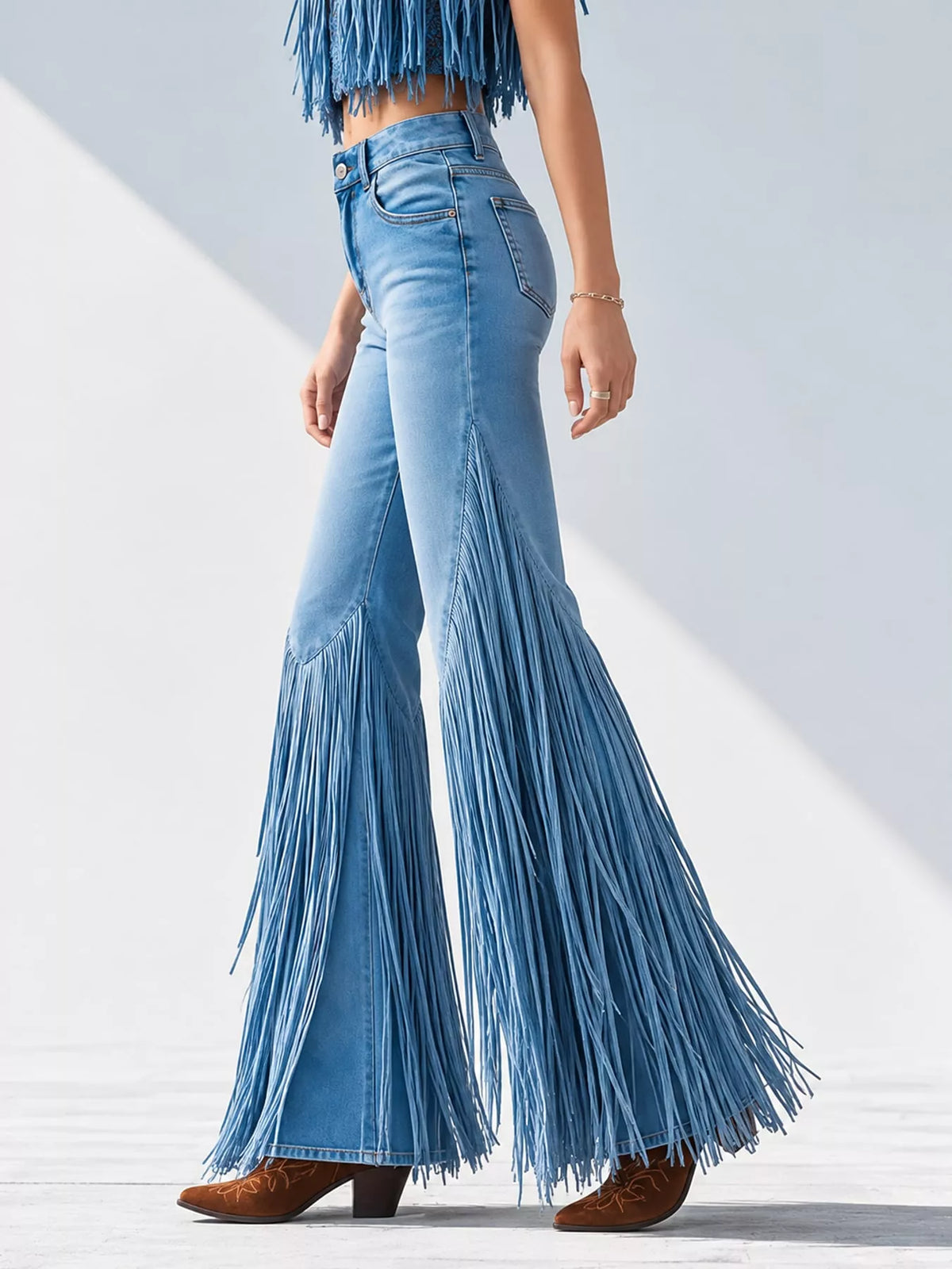 High-Waisted Fringe Flare Jeans in blue, side view
