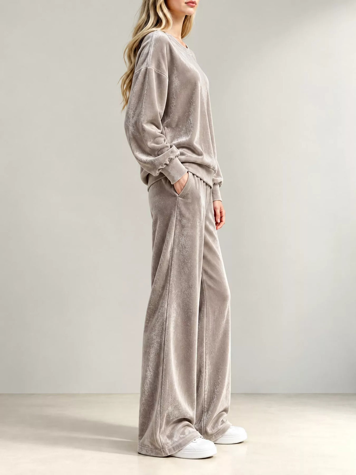 Velour Long Sleeve Top and Wide-Leg Pants Set — side view