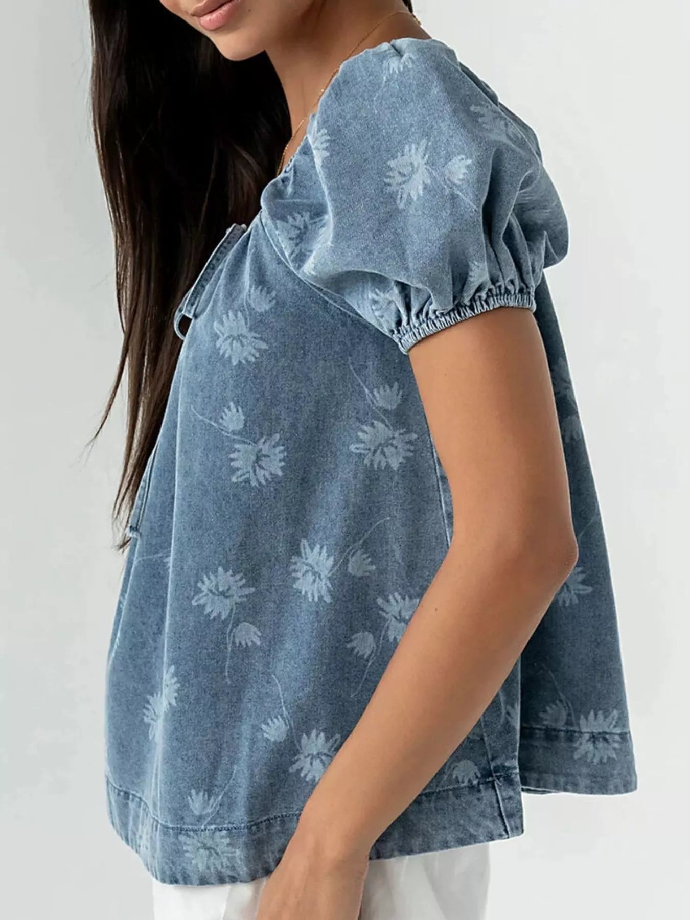 Trendsi Floral Print Puff Sleeve Denim Top -
