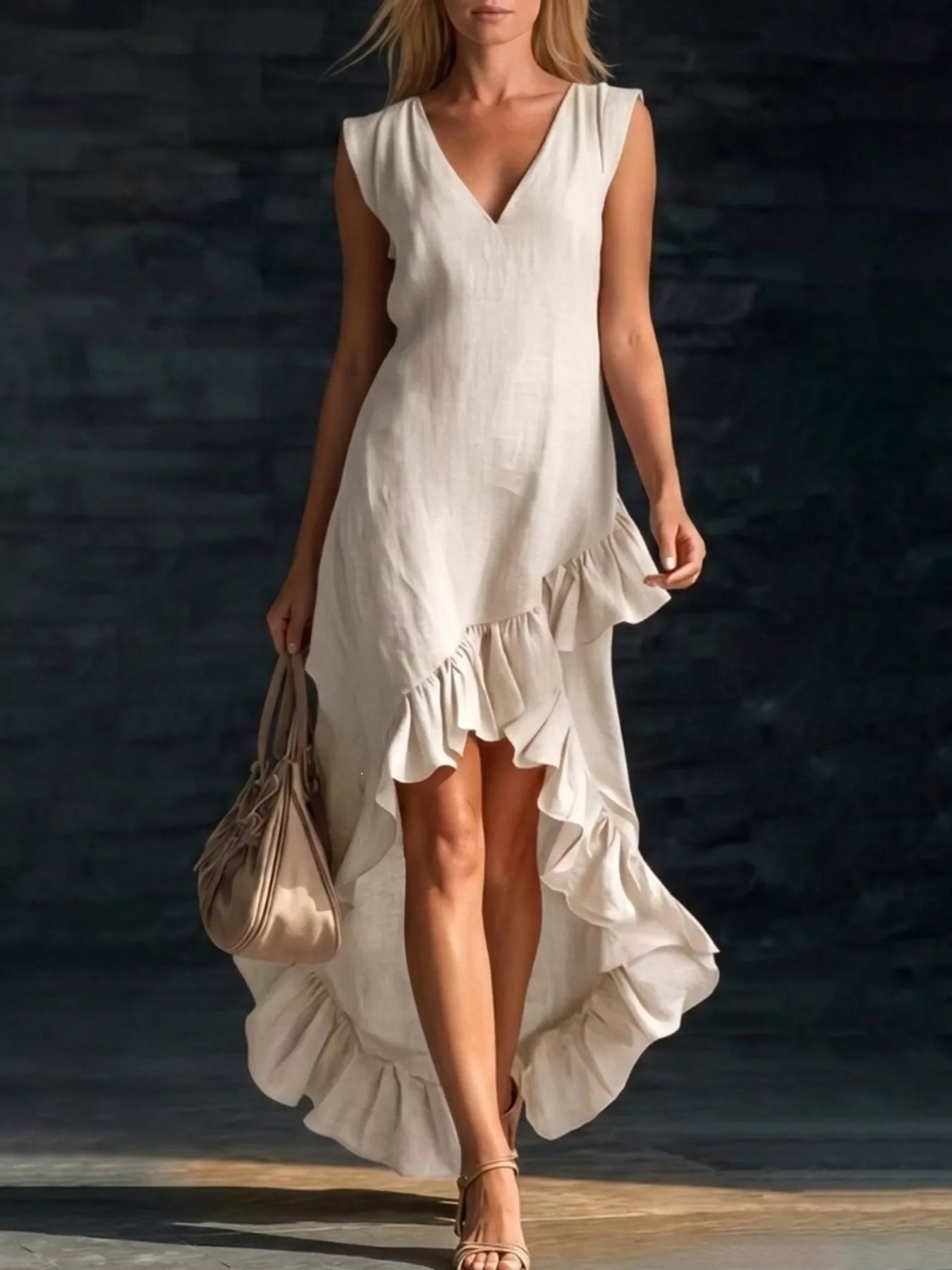 Trendsi Full Size Ruffled Asymmetrical Hem V-Neck Sleeveless Dress Plus Size -