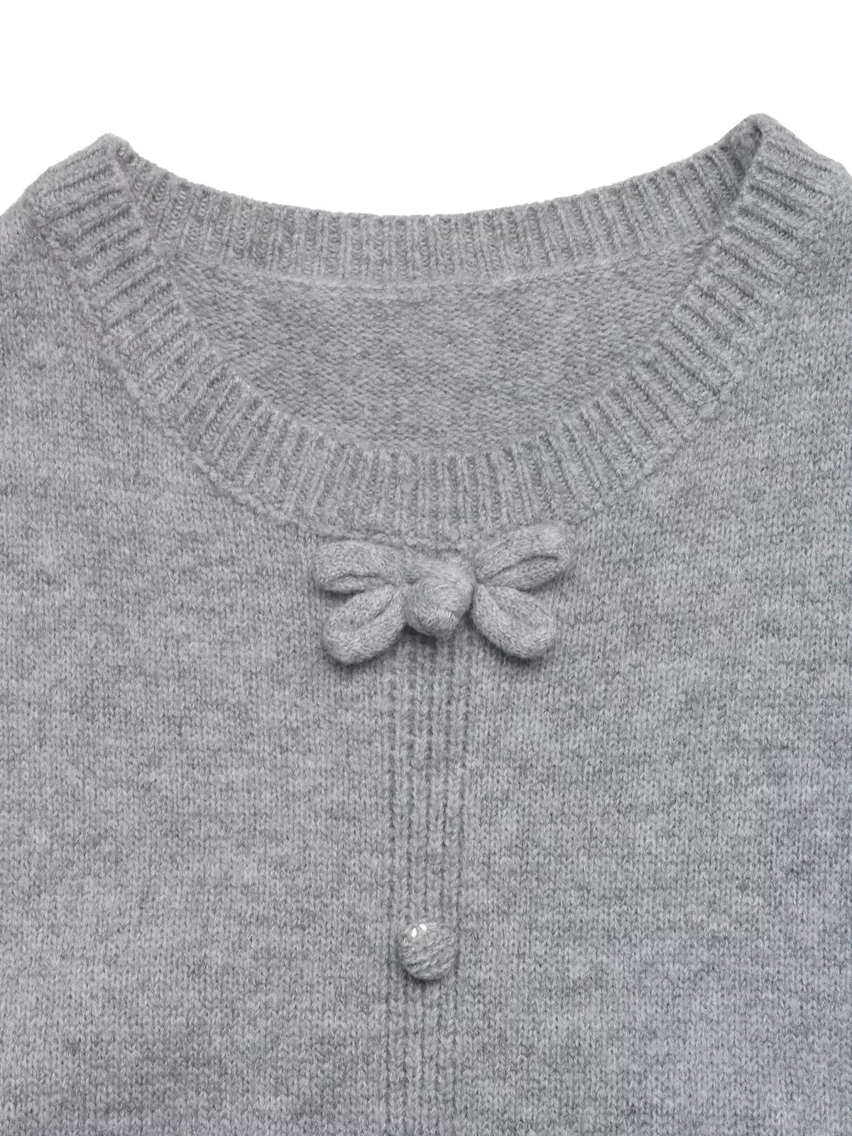 Gray bow-detail knit sweater vest, neckline detail