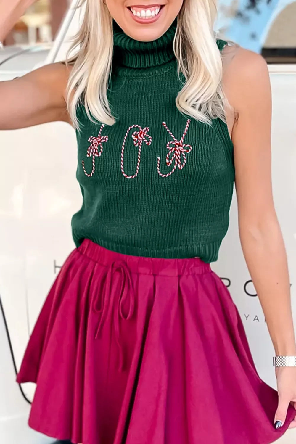 Trendsi Festive Candy Cane Embroidered Turtleneck Sweater Vest -