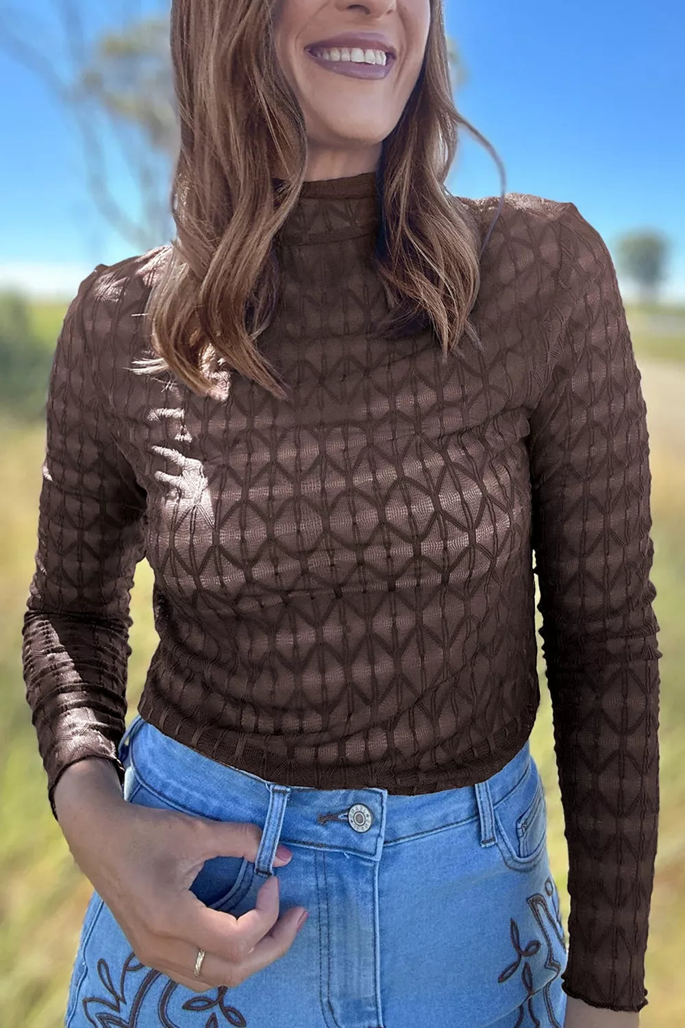 Trendsi Sheer Textured Lace Stand Neck Long Sleeve Top -