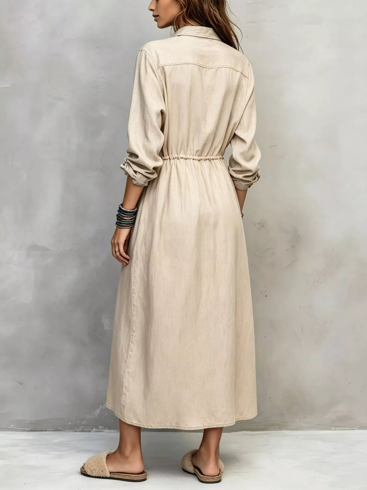Beige Button-Front Long Sleeve Maxi Shirt Dress back view