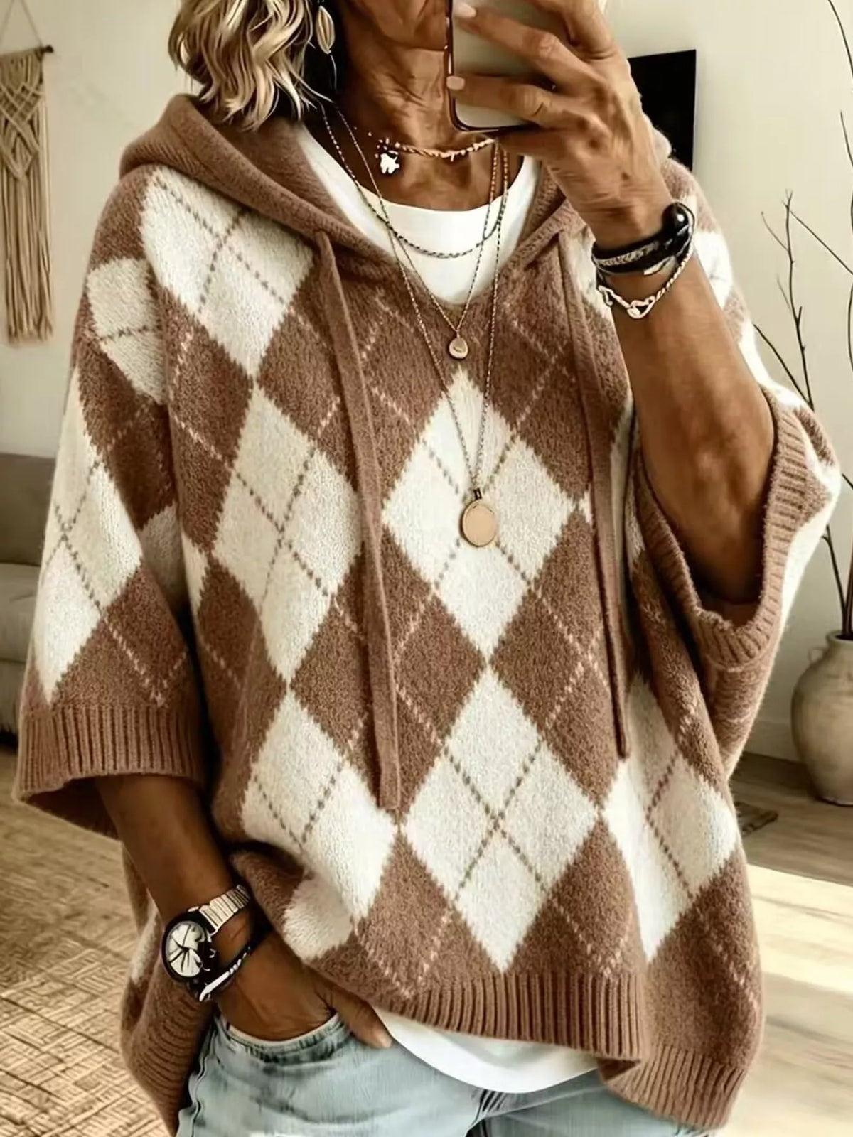 Argyle Pattern Hooded Sweater, front view