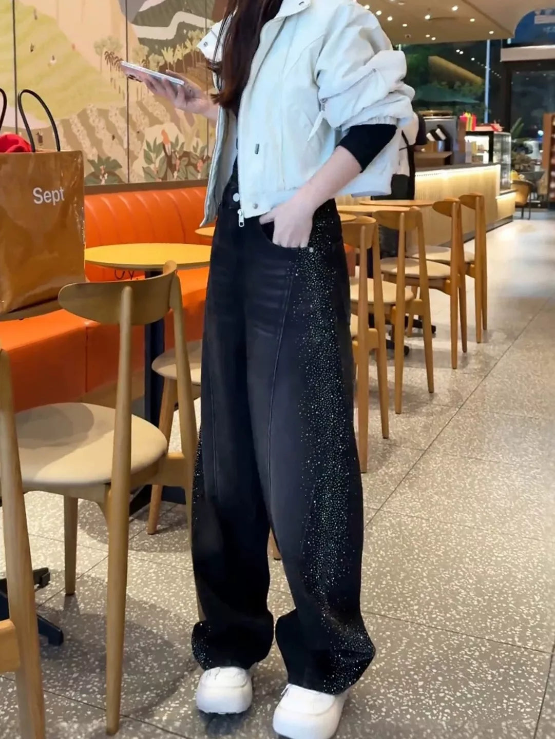 Rhinestone Embellished Wide-Leg Jeans in black