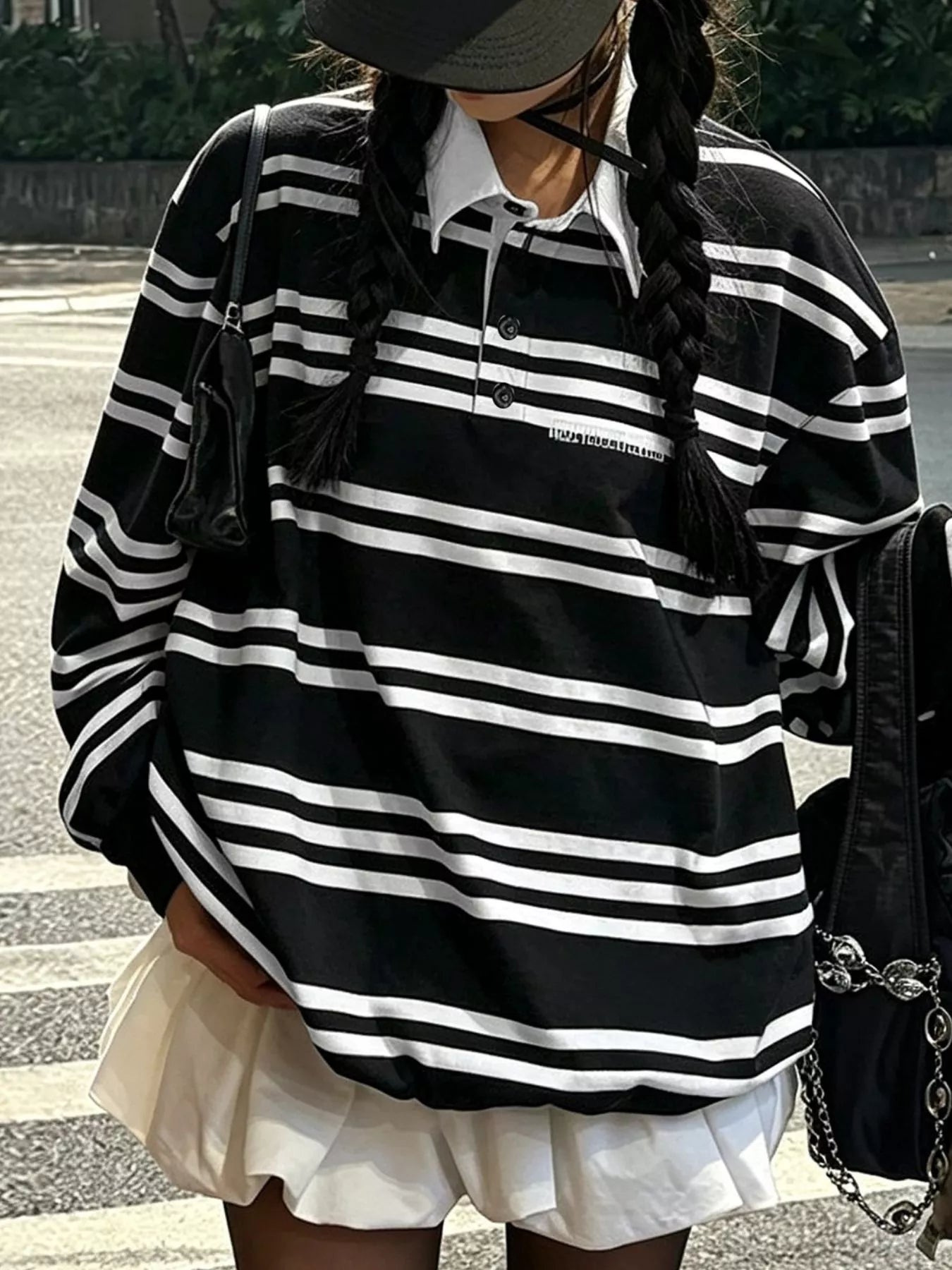 Trendsi Oversized Striped Contrast Collar Polo Top -