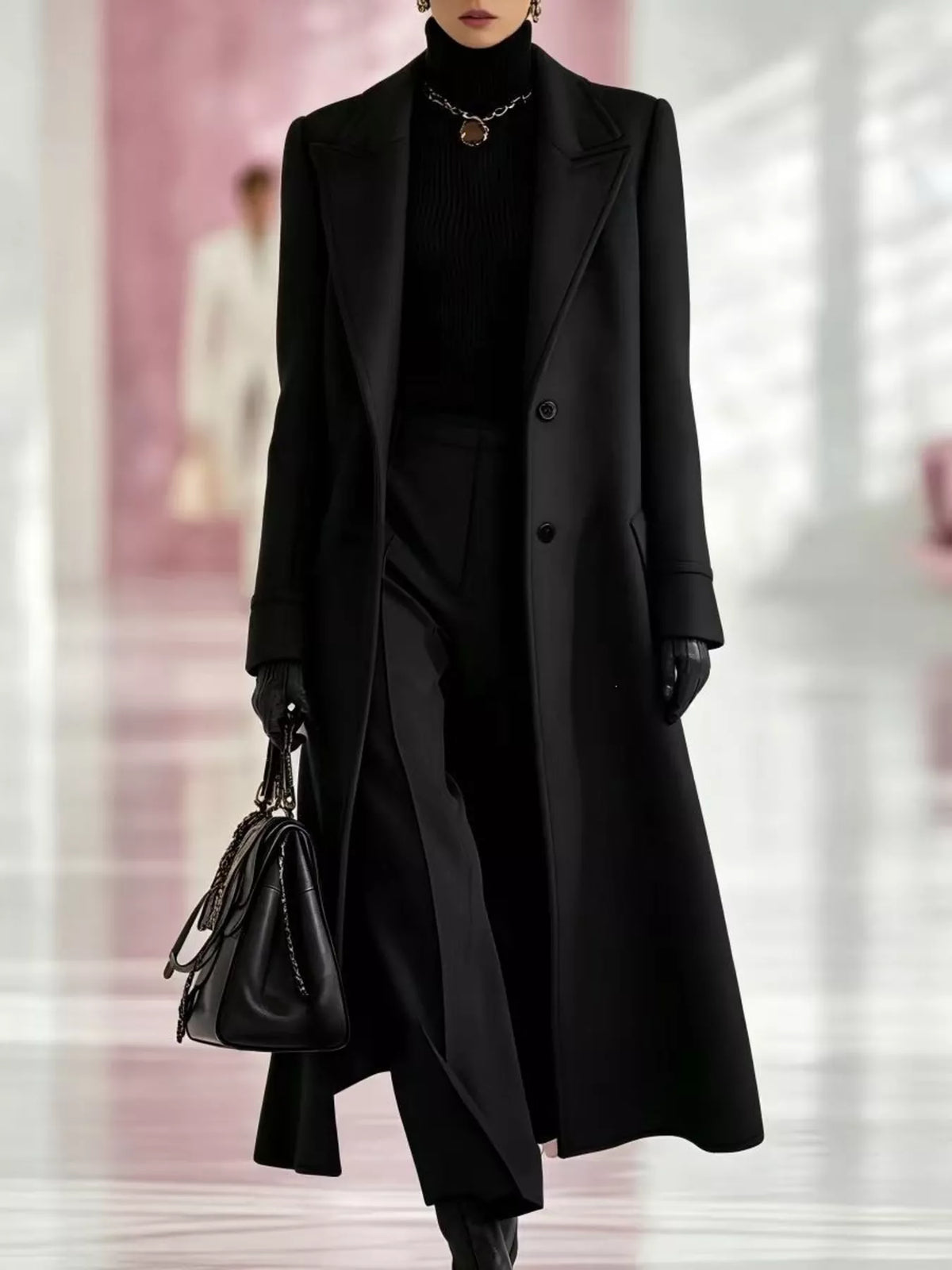 Women's Lapel Collar Longline Coat in black — front view