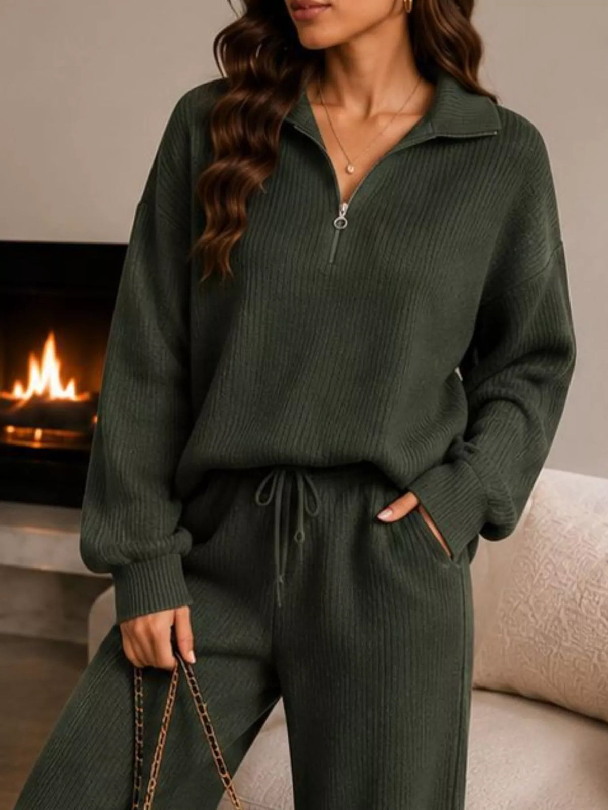 Green quarter-zip knit top and pants set, zip neckline and waist detail