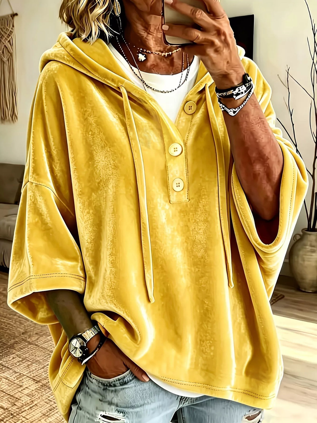 Velvet Button Hoodie in yellow, front view
