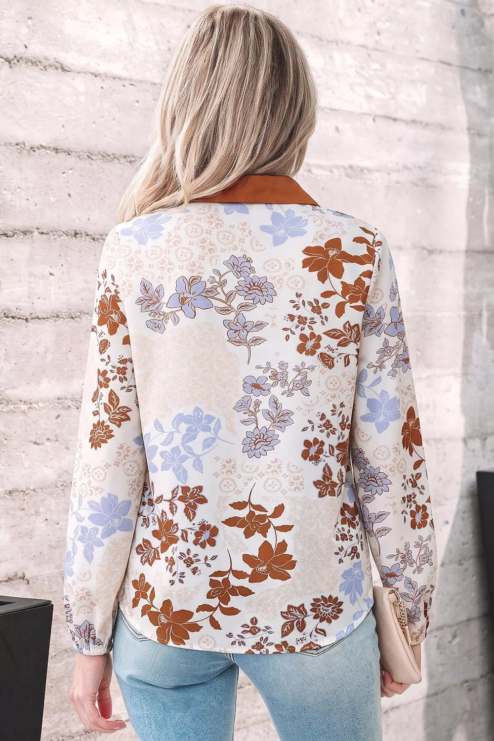 Trendsi Floral Print Colorblock V Neck Long Sleeve Blouse -