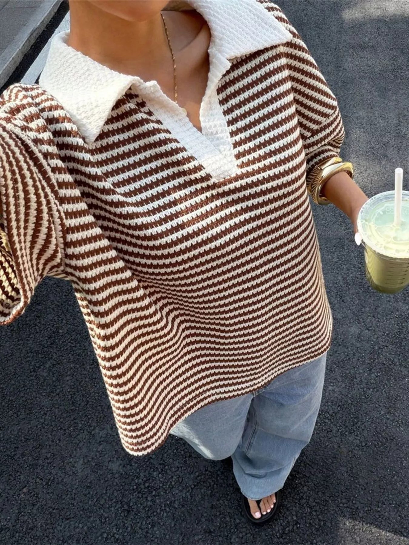 Trendsi Striped Knit 3/4 Sleeve Polo Top -