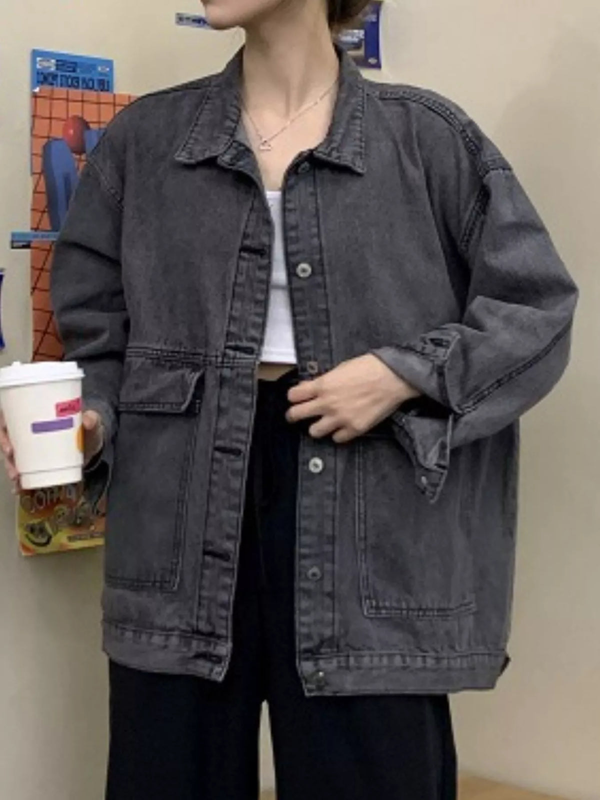 Charcoal washed denim utility jacket