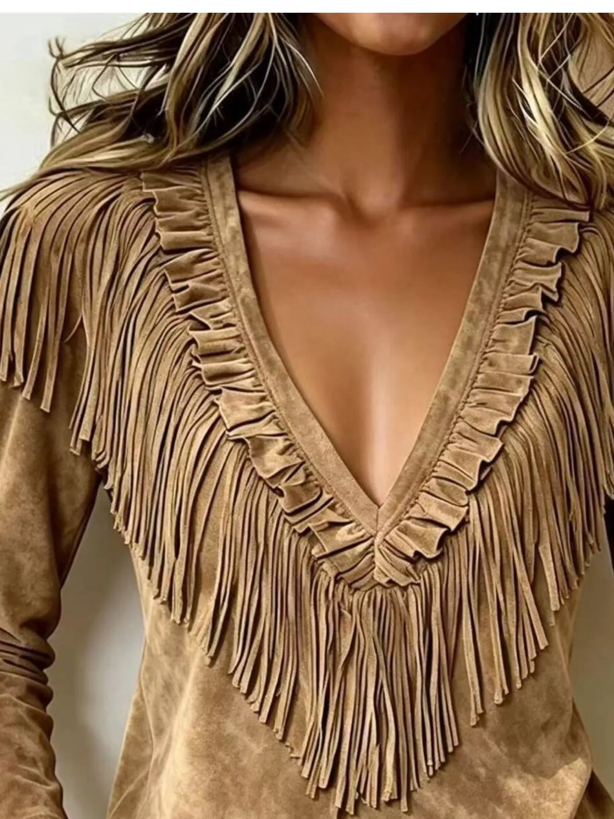 Fringed V-Neck Blouse in taupe, neckline detail
