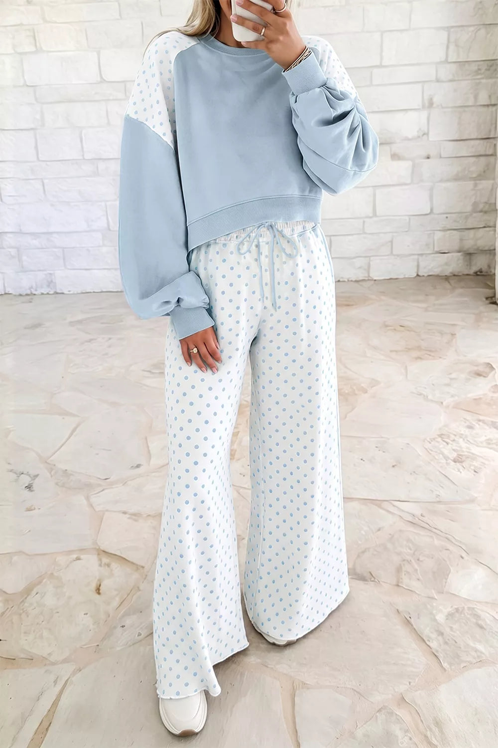 Women's Polka-Dot Cropped Sweatshirt & Wide-Leg Pants Set — alternate view 12